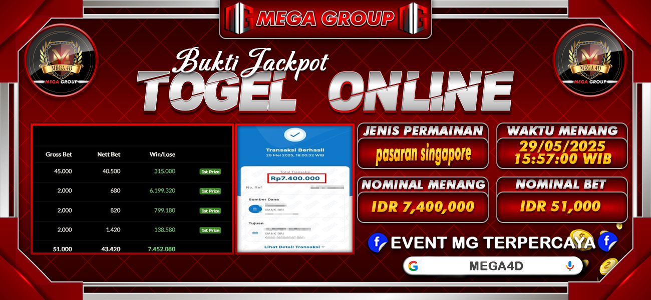 Bukti JP situs Mega4D hari Kamis, 29 Mei 2025