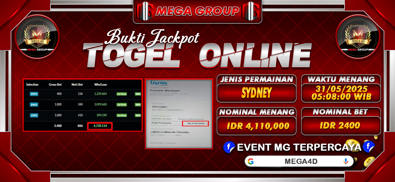 Bukti JP situs Mega4D hari Sabtu, 31 Mei 2025